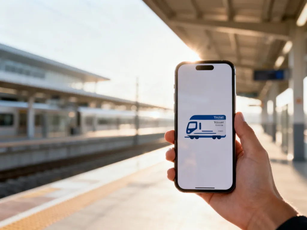 Dłoń trzymająca smartfon z ikoną biletu kolejowego na tle peronu stacji, ilustrująca proces zarządzania biletami online.