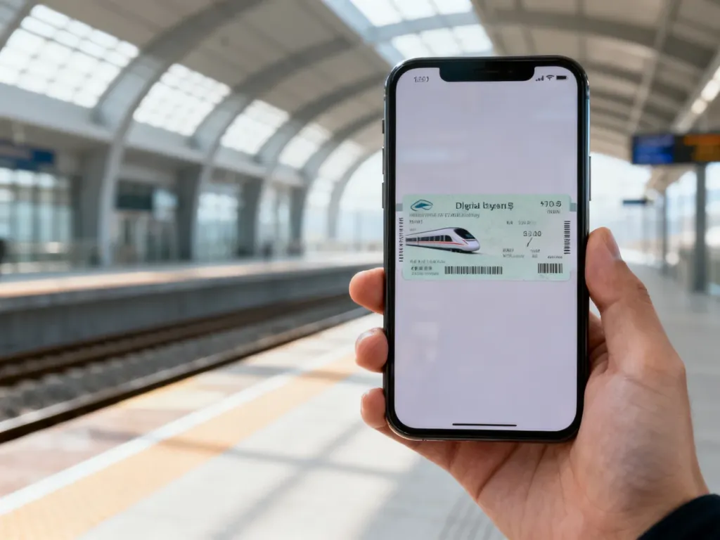 Dłoń trzymająca smartfon z wyświetlonym biletem kolejowym na tle nowoczesnego peronu dworca.